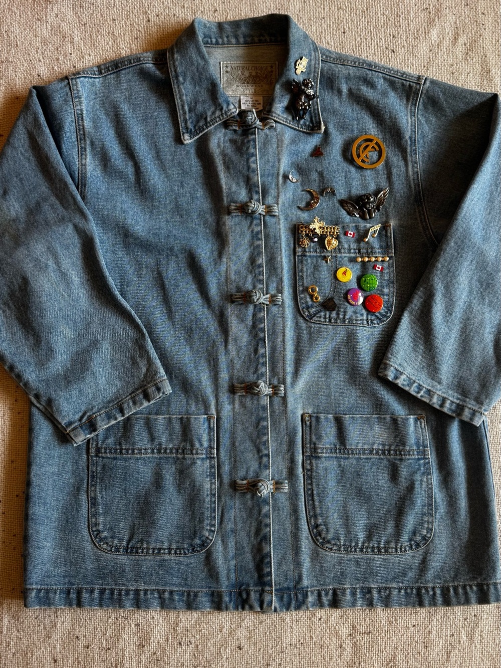 Vintage 90s Sostanza Natural Choice Denim Chore Jacket M Pins Frog Toggle Y2K